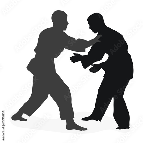 Image silhouette judoka. Judo, martial art, sportsmanship, wrestling, duel, grappling, combating, fighting, struggle