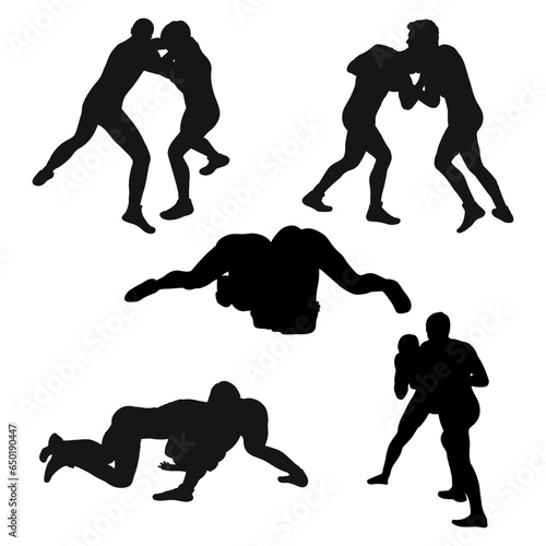 Set of silhouettes people fighting, MMA fighters. Greco Roman wrestling, fight, combating; struggle; grappling; duel, mixed martial art, sportsmanship