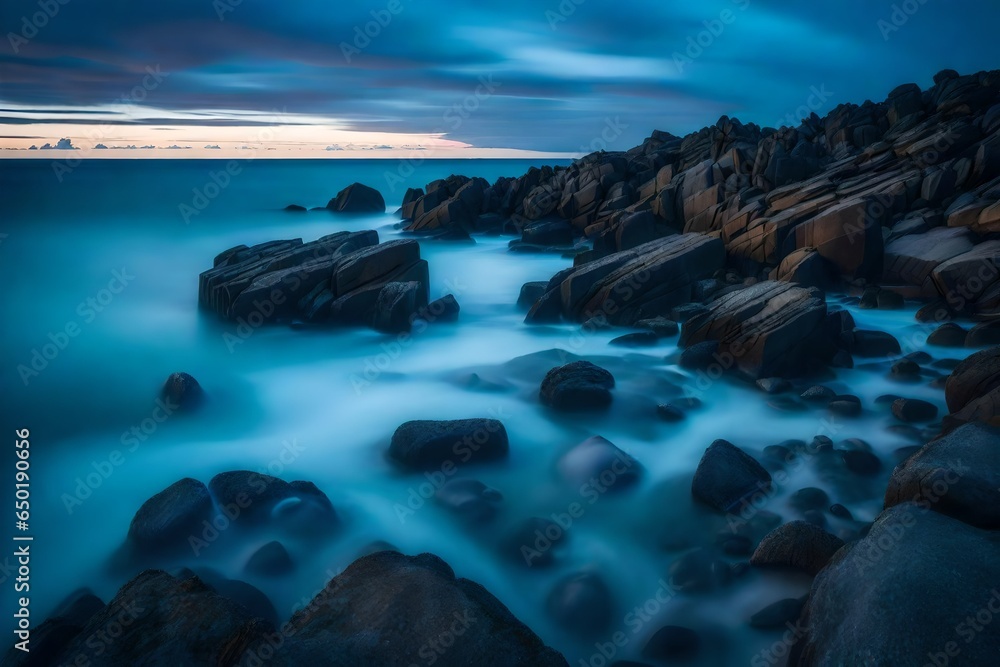 Long exposure of ocean water and rocks during blue hour photography
