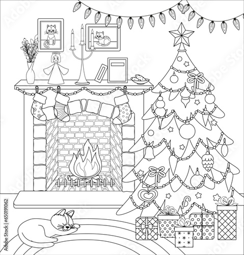 Christmas interior coloring page. Black and white cozy fireplace. Vector