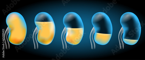 Kidneys and urine. Realistic transparent blue kidney on dark background.
