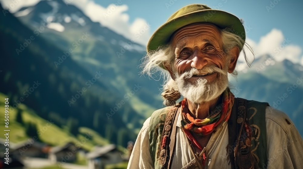 Portrait of old man on mountains with herd of cows and a village in the background.