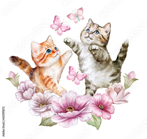 Playful Cute kittens in a flower arch. Pink butterflies. Spring flowers and jumping cats isolated on white background. Watercolor illustration