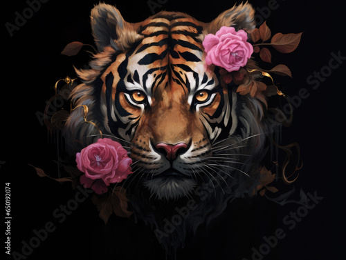 Tiger and roses. Digital art.