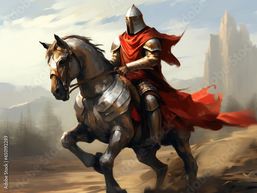 Knight in armor on horseback. Digital art.