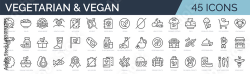 Set of 45 outline icons related to vegan, vegetarian. Linear icon collection. Editable stroke. Vector illustration