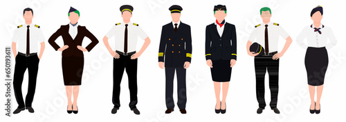 Set of aircraft crew staff and team members characters standing isolated on white background. Pilot, captain, Co-Pilot, stewardess, flight attendant or cabin crew. 