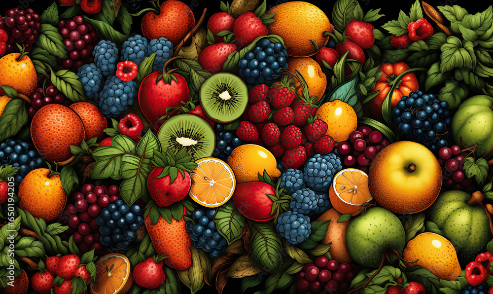 Colorful background, drawing of an assortment of fruits and berries.