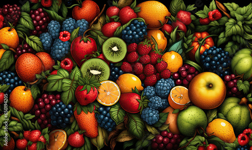 Colorful background  drawing of an assortment of fruits and berries.