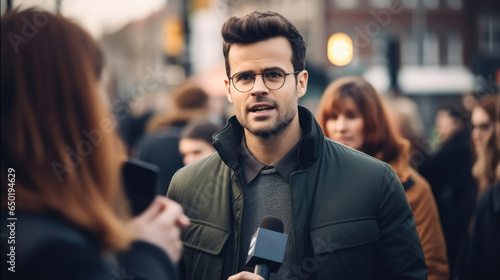 Young politician man being interviewed live by a tv broadcast channel on a press conference on the city street, Live stream broadcast on television.