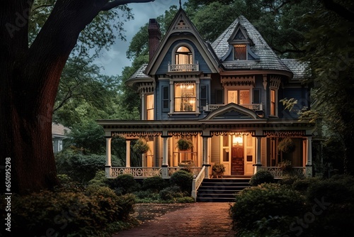 Old Victorian style house with dimly lit windows