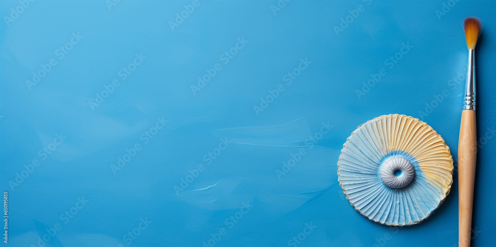Fototapeta premium Beautiful paint brush On a modern blue background. For placing products or various objects