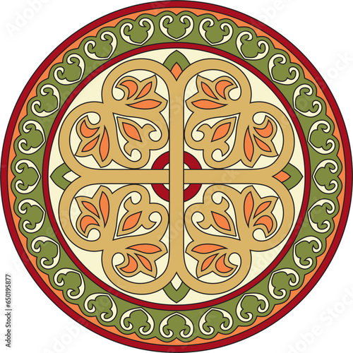 Vector colored round ancient Byzantine ornament. Classical circle of the Eastern Roman Empire, Greece. Pattern motifs of Constantinople..