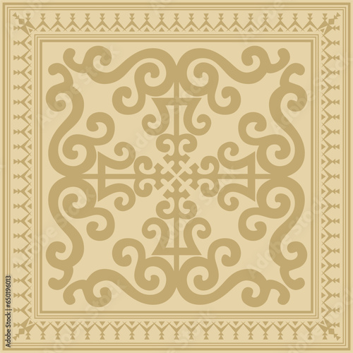 Vector gold square Yakut ornament. An endless rectangular border, a frame of the northern peoples of the Far East.