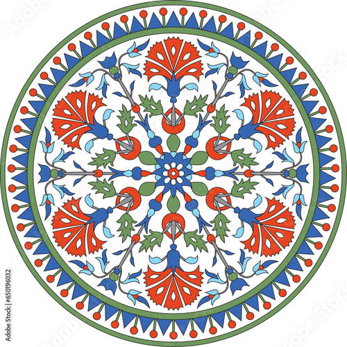 Vector colored round Turkish ornament. Ottoman circle, ring, frame. Muslim pattern for stained glass.