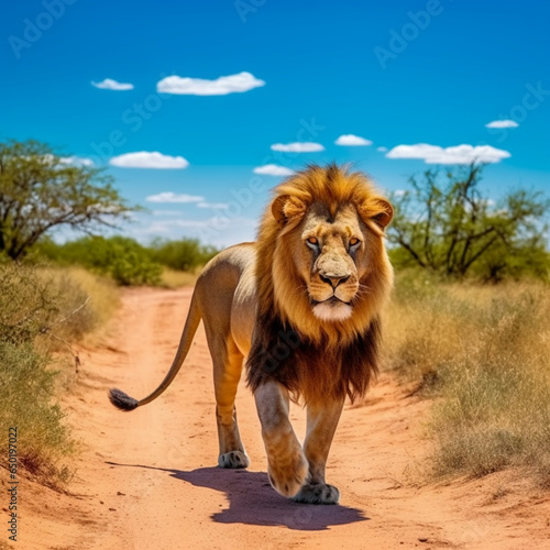 サファリを歩くライオン