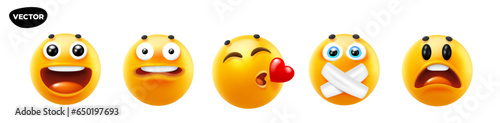 3d vector style design of funny set of emoji with tongue, smile, kiss, heart and patch for social media. Vector cool collection of illustration of happy fun yellow emoticon with different emotion