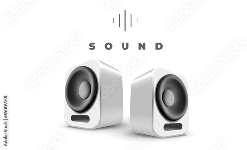 Vector music illustration of white and black color speakers with shadow on white background. 3d style design of music speakers with word sound