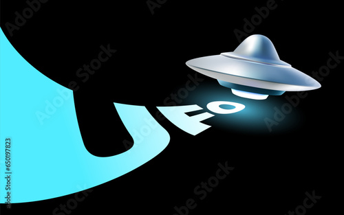 Vector illustration of silver color flying saucer with blue glow and word ufo on black background. 3d style design of ufo with lighting and text