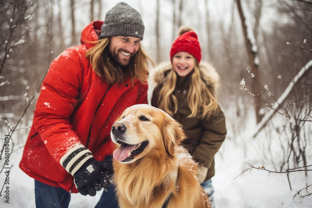 A family spending quality winter time together, enjoying a joyful stroll with their golden retriever in the snow-covered forest