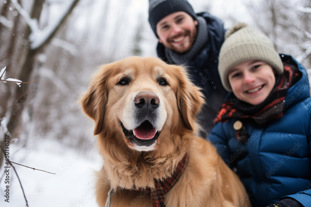 Obraz premium A family enjoying a pet-friendly winter hike with their golden retriever in a snowy woodland