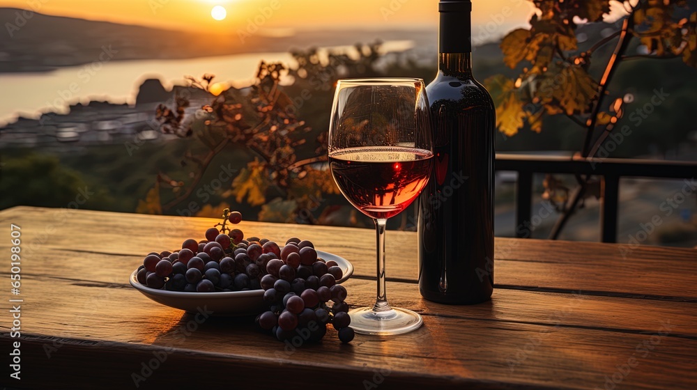 Outdoor vineyard tasting: Wine bottle and glass with scenic backdrop and grapes
