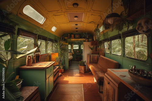 Fancy motorhome in forest. TROPICAL style. Aesthetic Centered perspective. Interior Design