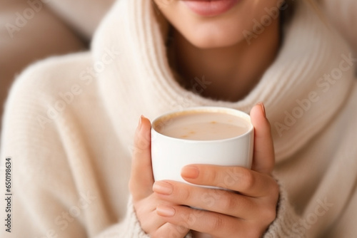 Close-up of a girl's lips about to take a sip of a frothy cappuccino, highlighting the comforting experience of hot drinks in her cozy house