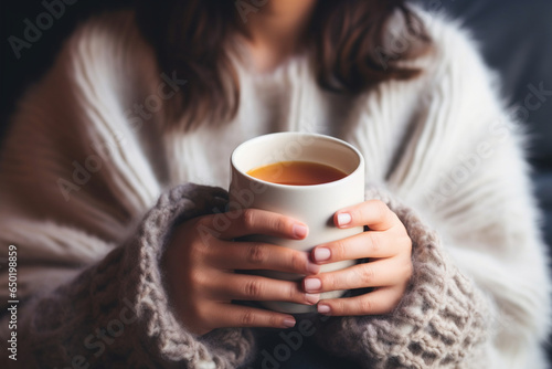 A close-up of a girl's hands cradling a steaming mug of hot cocoa as she enjoys a serene moment in her cozy home