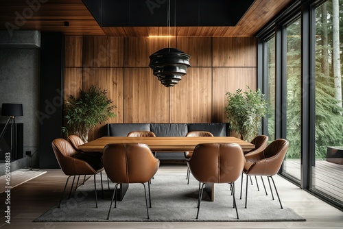 Minimalist Scandinavian dining room  Brown leather chairs surround a wooden dining table in a space with an abstract wood lining ceiling and paneled walls.