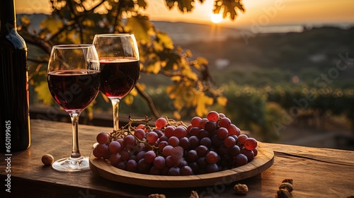 Glass of red wine and a bottle in the countryside, grapes as side dish 