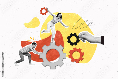 Creative collage banner of two colleagues young man with partner intern woman build mechanism gearwheels isolated on drawn background photo