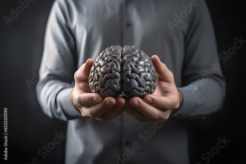 Human brain In the hands of a person, Human organ, psychology concept, Neurosurgeon, Mental health, psychological treatment, generative Ai