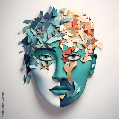 Woman face collage portrait made of paper, Mental health. Concept of psychology, inner world, mental health, feelings. Conceptual art
