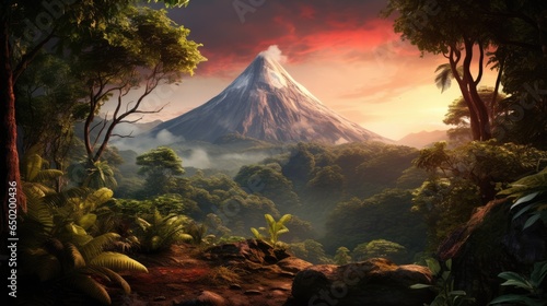 Fototapeta Naklejka Na Ścianę i Meble -  Forest landscape with Volcano and jungle plants.