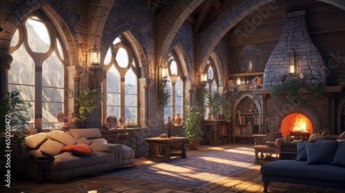 Interior of a cozy room in Romanesque style