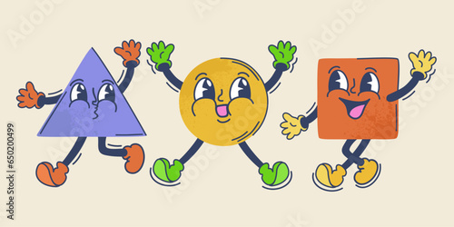 Vector collection of basic geometric shapes with faces, arms and legs. Retro cartoon characters