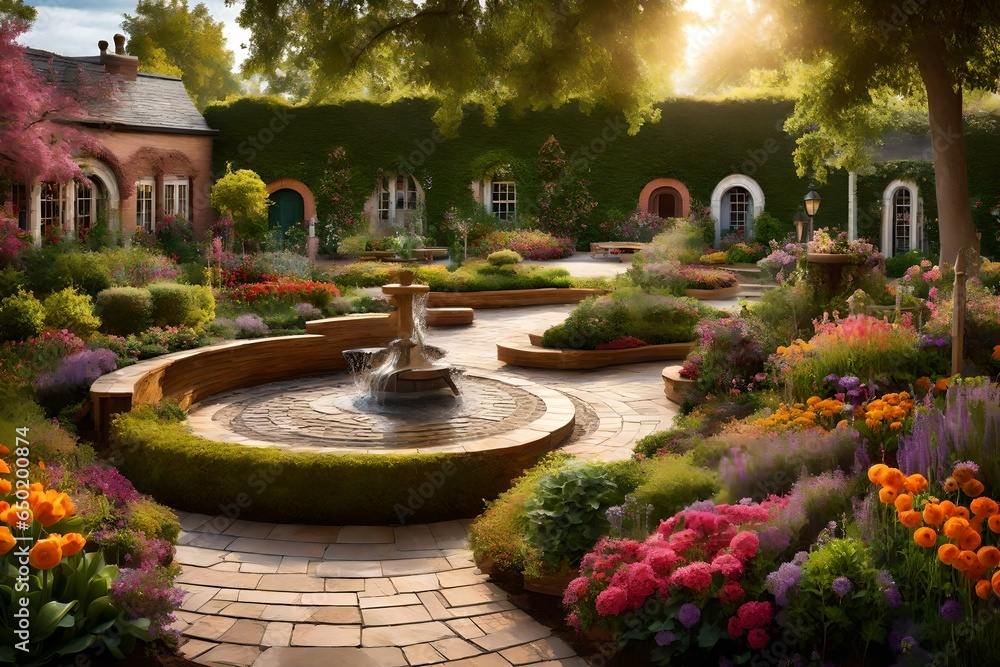  an enchanting school garden surrounded by blooming flower beds, serene pathways, a central fountain, and benches where beautiful place.
