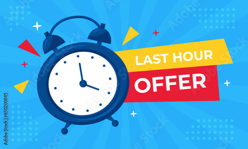 Vector banner sale countdown badge. Last time offers icon. Last chance, last day promo discount. Alarm clock on blue background