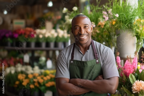 Smiling African American man standing in his flower shop. Middle aged salesman is waiting for customers of the flower shop. He standing at the entrance and smiley looking at camera. © Stavros