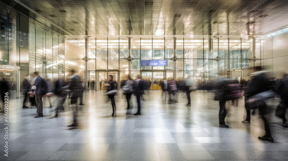 A crowd of people walking in the office lobby with a blurry effect