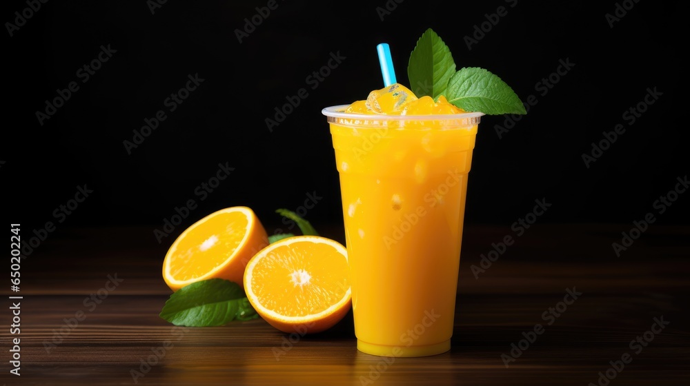 Fototapeta premium Orange Juice in cup. Plastic cup of orange drink natural juice or smoothies.