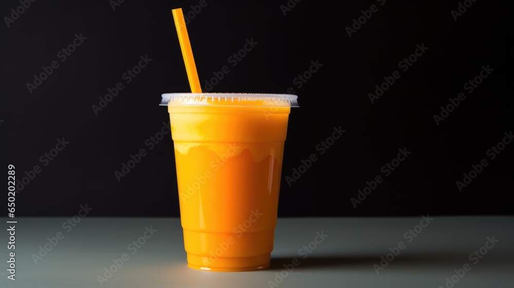 Orange Juice in cup. Plastic cup of orange drink natural juice or smoothies. - obrazy, fototapety, plakaty 