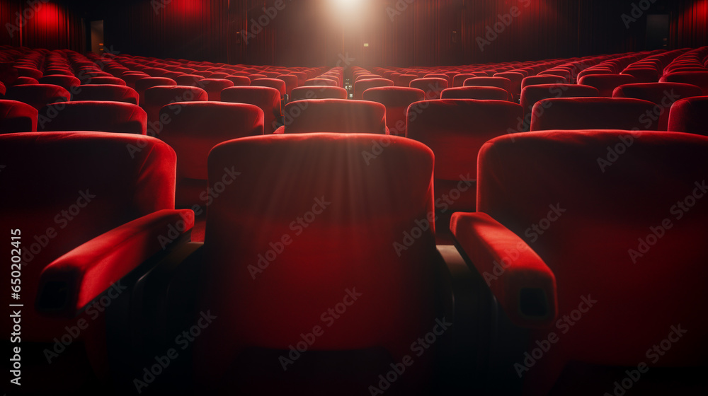 Rows of red cinema seats with copy space banner background - obrazy, fototapety, plakaty 