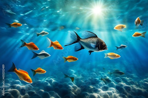 fish swimming ,in the water, and bird attacked the fish, and sunlight reflection, in blue water,
