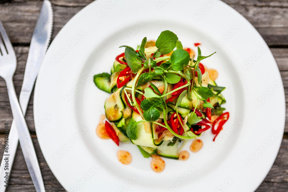 Cucumber salad with chilli rings, watercress and honey dressing Cucumber salad with chilli rings, watercress and honey dressing