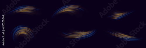 Set of abstract light lines of movement and speed. Space tunnel. Semicircular wave, light vortex trail.