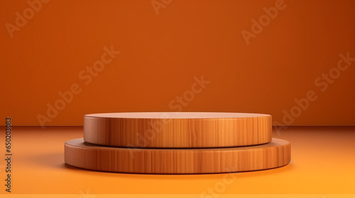 Brown wooden round cylinder product stage podium on orange background © Diana