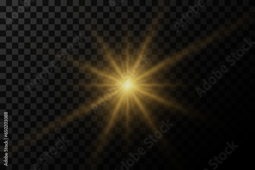 Flash lighting with special light effect. Glare of light rays. On a transparent background.
