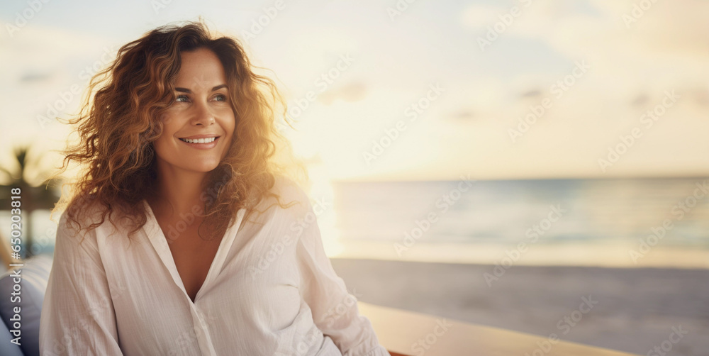 Lifestyle portrait of woman relaxing on hotel balcony at sunset on tropical beach vacation
